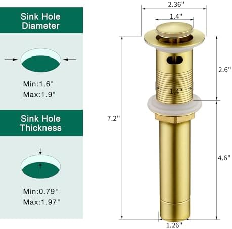 CREA Gold Bathroom Sink Drain Stopper,Pop Up Sink Drain Stopper Bathroom Sink with Overflow,Vessel Sink Drain Plug with Anti-Clogging Strainer Pop Up Drain Stopper Kit All Metal Stailess Steel - Image 6