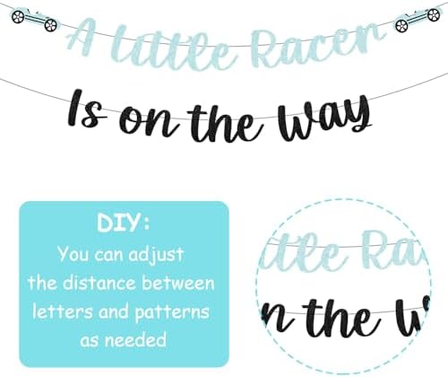 Race Car Baby Shower Decorations A Little Racer is On The Way Backdrop Glitter Vintage Racing Car Banner Cake and Cupcake Toppers Blue Green Checkered Flag Balloons for Boys Baby Shower Party Supplies - Image 5