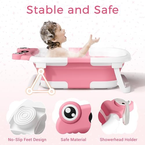 BUNWAG Baby Bathtub, Collapsible Newborn Bathtub for Infant to Toddler with Soft Cushion and Thermometer, Travel Newborn Tub with No-Slip Feet, Baby Shower Gifts, 0-12 Months Baby Bath, Rose Pink - Image 2