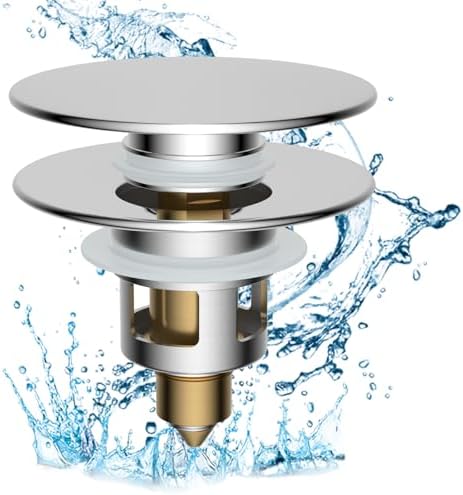Hibbent All Metal 2 in 1 Bathroom Sink Stopper, Universal Pop Up Drain Strainer, Brass Bullet Core Push Type Sink Stopper for 1.1''~2.3'' Basin, Big Push Button, Anti Clogging Drain Filter, Chrome by Hibbent