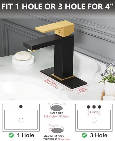 Midanya Bathroom Faucets 1 Hole Single Handle, Matte Black&Gold Handle - Image 3