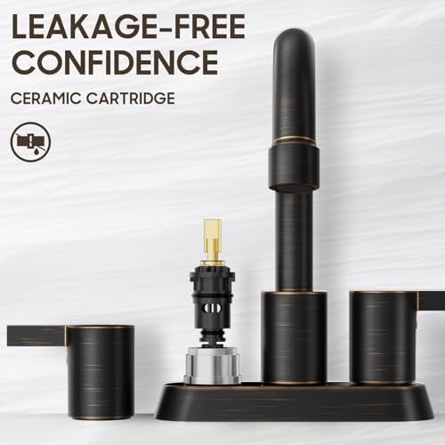 Phiestina 2 or 3 Holes Oil Rubbed Bronze 4 Inch 2 Handle Centerset Lead-Free Bathroom Sink Faucet, 360 Degree Swivel Spout with Copper Pop Up Drain and 2 Water Supply Lines, BF015-1-ORB - Image 4