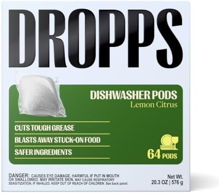 Dropps UltraWash Dishwasher Detergent Pods, Lemon Citrus (64 Ct) - Cuts Grease & Stuck-On Food | Sparkling Dishes & Glasses | Residue-Free | Clean Ingredients | No Pre-Rinse | Plastic Free Packaging by Dropps