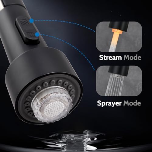 WEWE LED Kitchen Faucet, 2-Mode Sprayer, Matte Black, Pull-Down, High Arc - Image 3