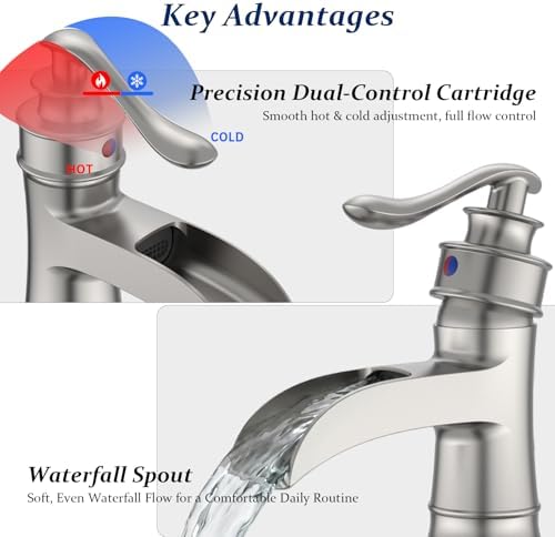 BWE Brass Brushed Nickel Waterfall Bathroom Faucet for Modern & Classic - Image 5
