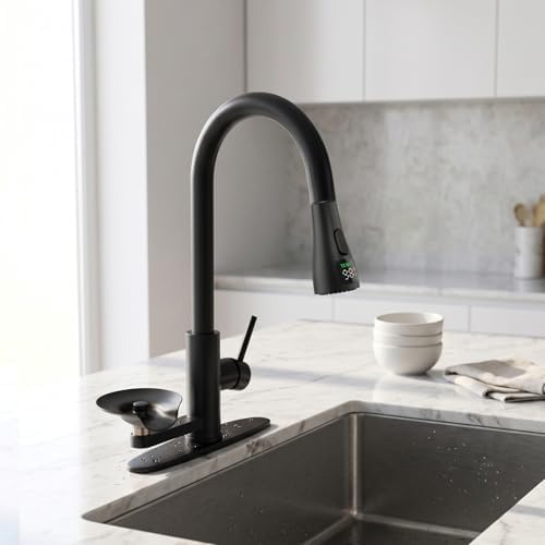 Kitchen Sink Faucet Sprayer Head Replacement, LED Temperature Sensitive Display Pull Down Pull Out Faucet Nozzle (Matte Black) - Image 5