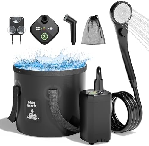 Moriko Portable Camping Shower, 6000mAh Rechargeable Shower Pump, Filtered Shower Head & 5 Gallons Foldable Bucket, Outdoor Shower for Hiking Beach, Travel, Pet Bath, Car Washing, Surf & Boat Cleaning by MorikoOfficial