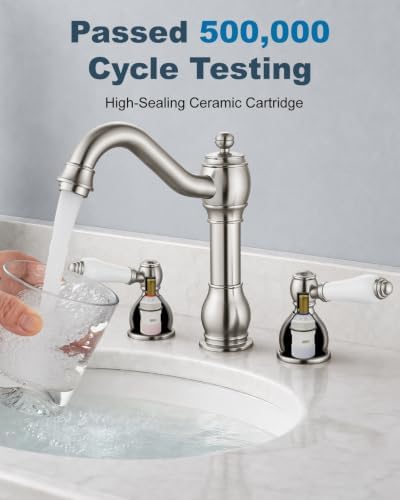 Aolemi Widespread Bathroom Sink Faucet 3 Hole White Lever Brushed Nickel - Image 6