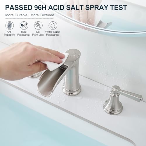 8 Inch Brushed Nickel Bathroom Faucet Widespread, Brass Waterfall Faucet for Bathroom Sink 3 Hole 2 Handle with Pop up Drain & Pre-Installed cUPC Supply Pipe for Restroom, 10 Mins Install - Image 4