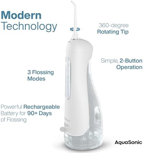 AquaSonic Aqua Flosser PRO - Rechargeable Electric Cordless Water Flosser for Teeth, Gums & Tongue - Waterproof Modern Design, 300ml Large Tank, 3 Modes, 6 Jet Tips, Deluxe Tongue Nozzle - Optic White - Image 4