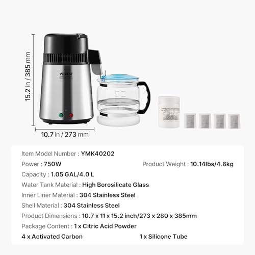 VEVOR Water Distiller, 4L/1.1 Gallon Pure Water Purifier Filter for Home Countertop, 750W Distilled Water Maker, Stainless Steel Interior Distiller Water Making Machine to Make Clean Water, Silver - Image 7