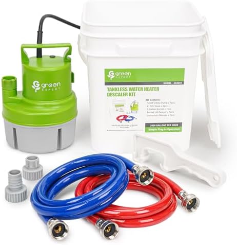 Green Expert Tankless Water Heater Flushing & Descaling Kit 6-in-1, 1/3HP Utility Pump for Circulation, 3-Gallon Bucket, 3/4"GHT Red&Blue Hoses for Isolation Valves Cleaning/Maintenance by TornadoTools