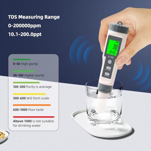 TDS Meter,4 in 1 Water Tester TDS/Salt/Temp/EC Meter,High Accuracy TDS Meter Digital Water Tester with LCD Backlit,Pool Testing Kit Salinity Tester EC Meter for hydroponics, Wine, Pool and Aquariums - Image 4