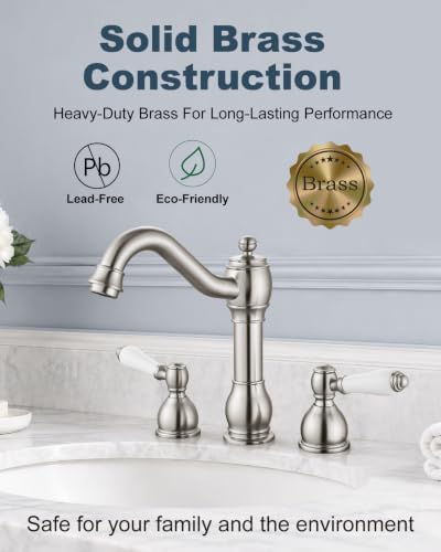Aolemi Widespread Bathroom Sink Faucet 3 Hole White Lever Brushed Nickel - Image 5