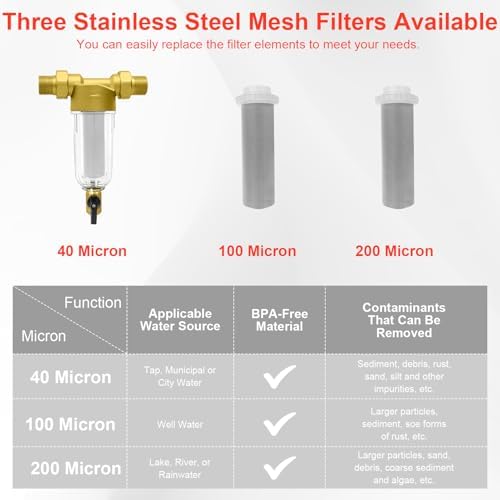 Spin Down Sediment Filter, Inline Water Filter for Home Well Water, 40/100/200 Micron Whole House Prefilter Filtration System, 1" MNPT + 3/4" FNPT + 3/4"MNPT, Lead-Free Brass - Image 3