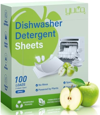 YUCO Dishwasher Detergent Sheets 100 Loads Liquid-Free Dish Soap Cleaner Strips Eco-Friendly No Plastic Dishwasher Pods Detergent Use in Dishwasher or Sink Leaving Dishes Sparkling Clean (Apple) by YUCO