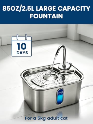 Cat Water Fountain Stainless Steel for Cats Indoor 2.5L 85oz by BPA-Free SUS304, Effective 6-Layer Filter Cat Fountain for Drinking 15dB Ultra Quiet Metal Pet Water Fountain (Fountain+4 Filters) - Image 3