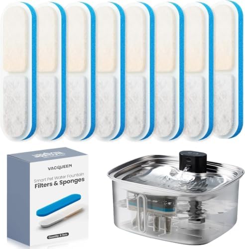 10L Pet Water Fountain Filters, Stainless Steel Dog Cat Dispenser with Wi-Fi, 2.64 Gallon Automatic Filtered Water Bowl Using Filter, 8 Filters and Sponges by Vacqueen