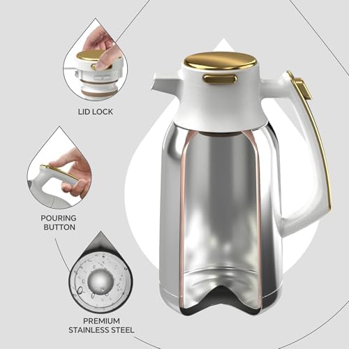 IDEUS Thermal Coffee Carafe 68oz, Beverage Dispenser White-Gold - Image 3