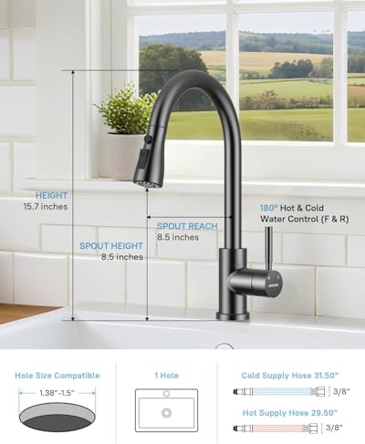 WEWE Kitchen Faucet with Soap Dispenser Set, Pull-Down, Matte Gray - Image 2