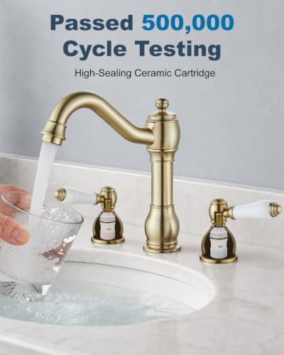 Aolemi Widespread Bathroom Sink Faucet 3 Hole White Lever Brushed Gold - Image 6
