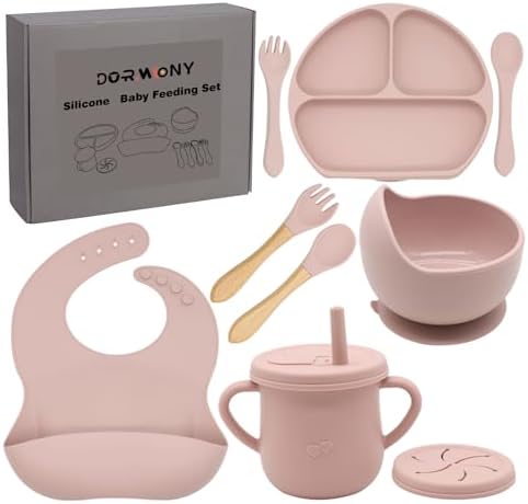 100% Silicone Baby Feeding Set,BPA Free Baby Dishes Set with Suction Bowl Divided Plate,Toddler Self Feeding Dish Set with Spoons Forks Sippy Cup and Bib, Baby Eating Utensils (Pink) by Dormlony