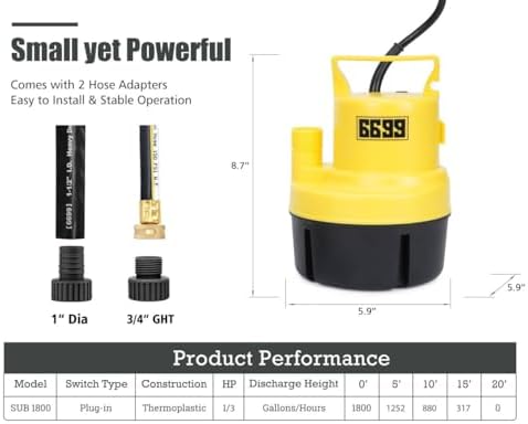 Submersible Sump Pump 1/3 HP 1800GPH Utility Pump Thermoplastic Electric Portable Transfer Water Pump with 10-Foot Cord for Pool Tub Garden Pond Draining Tankless Heater Flushing - Image 5