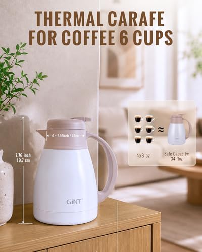 GiNT Insulated Coffee Carafe 34 Oz, Small Stainless Steel Flask for Hot Coffee with Fully Washable Detachable Lid, Portable Thermal Pitcher One-Hand Push Button Tea Dispenser for Travel Camping Office - Image 5
