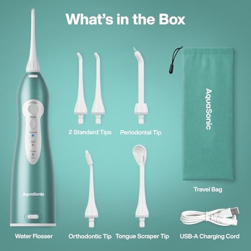AquaSonic Aqua Flosser PRO - Rechargeable Electric Cordless Water Flosser for Teeth, Gums & Tongue - Waterproof Modern Design, 300ml Large Tank, 3 Modes, 6 Jet Tips, Deluxe Tongue Nozzle - Green - Image 6