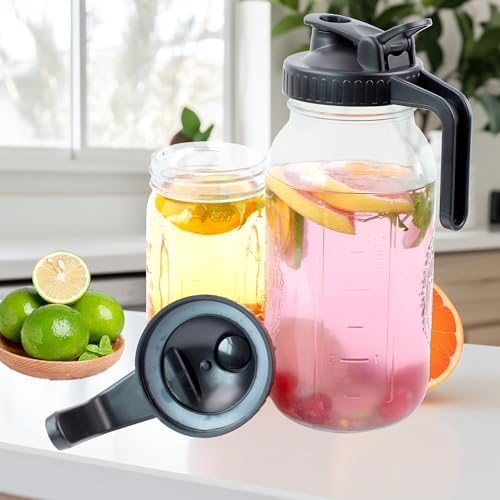 Mason Jar Pitcher With Pour Spout Lid (2 Pack) 32 Oz Wide Mouth Glass Pitcher With Handle And Flip Cap Lid 1 Quart Airtight Leak Proof Water Jugs For Iced Drinks, Iced Coffee, Milk, Lemonade - Image 7