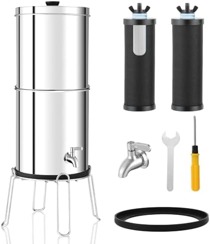2.25G Ultra-Filtration Gravity Water Filter System，304 Stainless Steel Countertop System with 2 Carbon Filters and Stand ，NSF/ANSI 42 Certification，Reduce 99.9% Chlorine by Unknown