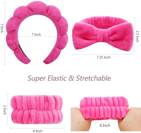 VELSCRUN 6 Pack Spa Headband, Makeup Headbands, Face Wash Headband, Skincare Headbands, Rose Pink Sponge Hair Band Bow Tie Spa Head Band for Washing Face Wristband Set Women Girls Hair Accessories - Image 6