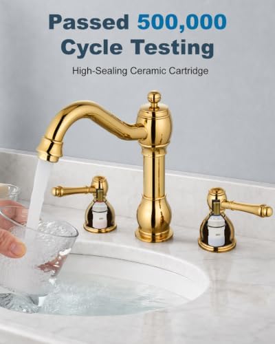 Aolemi Widespread Bathroom Sink Faucet 3 Hole Metal Lever Polish Gold - Image 6