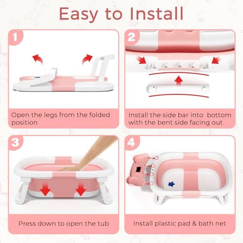 BUNWAG Baby Bathtub, Collapsible Newborn Bathtub for Infant to Toddler with Soft Cushion and Thermometer,Portable Travel Newborn Tub with No-Slip Feet, Baby Shower Gifts, 0-12 Months Baby Bath, Pink - Image 5