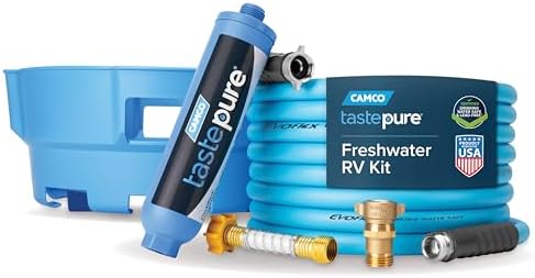 Camco Tastepure RV Freshwater Kit - Includes Tastepure RV Water Filter, Flexible Hose Protector, EvoFlex 25' Drinking Water Hose, Brass RV Water Pressure Regulator & Carrying Basket (20160) by Camco