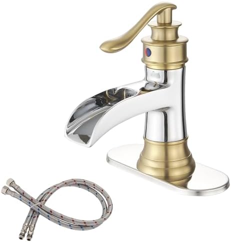 BWE Brass Waterfall Bathroom Faucet, Brushed Gold & Chrome for Modren Style by BWE