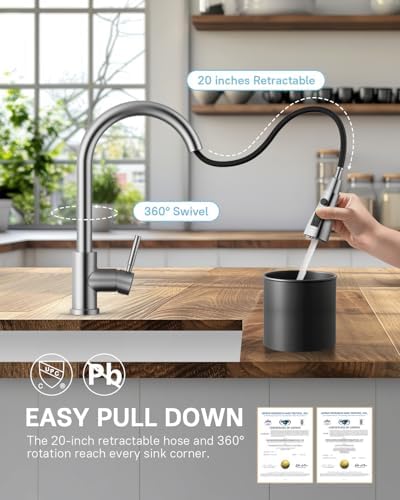 WEWE Pull-Down Kitchen Faucet, 3-Mode Sprayer, Brushed Nickel, High Arc - Image 3