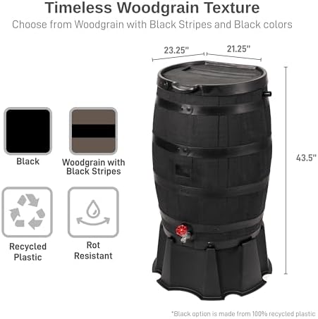 RTS Home Accents Premium 55-Gallon Eco Rain Barrel with Removable Lid, Flat Back Rain Water Collection Barrel, Made with 100% Recycled Plastic, Stand Included, Black - Image 3