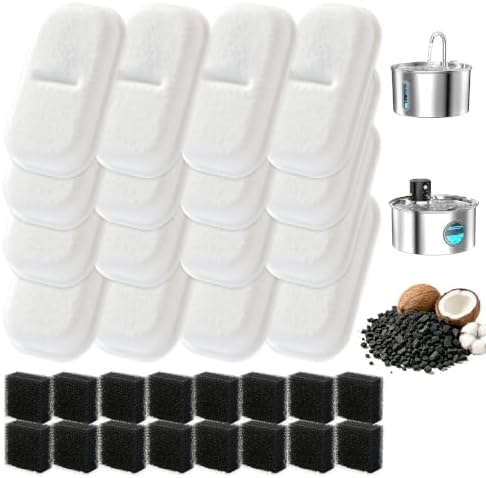 Cat Water Fountain Filter Set – 16 Carbon Filters & 16 Foam Sponges, Replacement for 108Oz/3.2L 67Oz/2L Stainless Steel Pet Water Dispenser,Kitty Spout Pump Filters,Promotes Hydration for Dogs Cats by Unknown