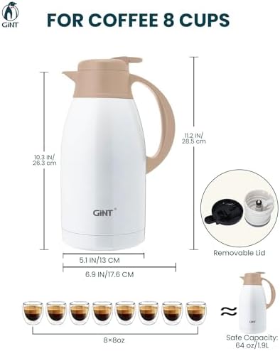 GiNT Stainless Steel Thermal Coffee Carafe, Double Walled Vacuum Thermal Carafe, Water and Beverage Dispenser,12 Hour Heat Retention，65 OZ /1.9 Liter White - Image 4