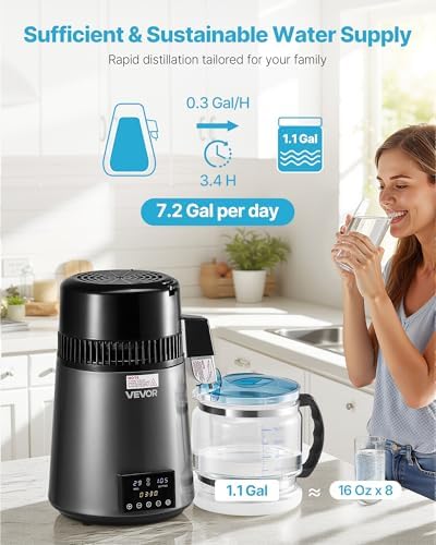 VEVOR Water Distiller, 4L /1.1 Gallon Pure Water Distilled for Home Table Countertop, 750W Distilling Maker with Glass Carafe, Stainless Steel Interior Drinking Machine to Make Clean Waters, Grey - Image 2