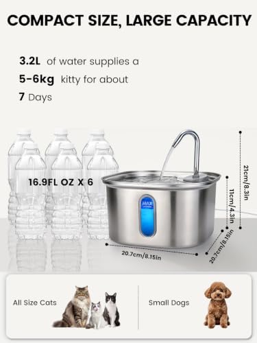 Cat Water Fountain Stainless Steel for Cats Indoor 2.5L 85oz by BPA-free SUS304, Effective 6-Layer Filter Cat Fountain for Drinking 20dB Ultra Quiet Metal Pet Water Fountain (Fountain108oz+4Filters+Mat) - Image 5