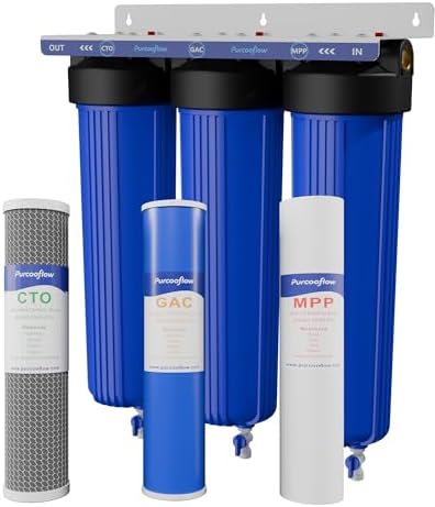 3-Stage Whole House Water Filter System, 20x4.5 Inch, Dual Carbon (GAC & CTO) for Max Chlorine & Odor Reduction, 1" NPT Brass Ports, Drain Valves & Install Kit by Purcooflow