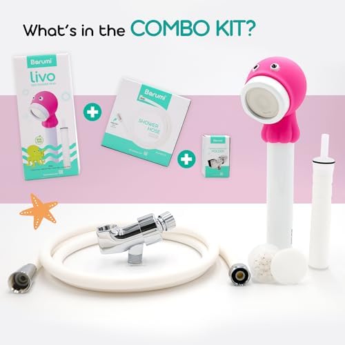 Barumi Livo Filtered Showerhead for Kids Combo Kit | Octopus Pink | Children's Handheld Shower Heads with PVC Hose & Shower Holder - Image 3