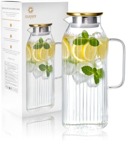 GLASKEY 2.1 Liter 71oz Square Glass Pitcher with Lid, Classic Stripes Water Pitchers with Handle for Fridge, Leak Proof Juice Jug, Borosilicate Glass Carafe for Hot/Cold Brew Drink by GLASKEY