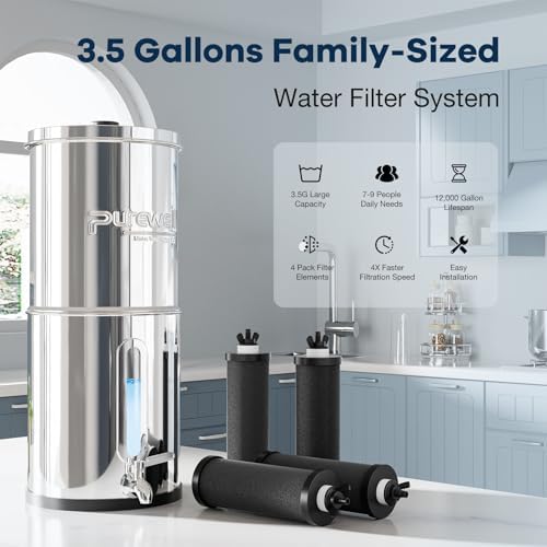 Purewell 3.5G Family-Sized Gravity Water Filter System, 3-Stage 0.01μm Ultra-Filtration Stainless Steel Countertop System with 4 Filters and Stand, Reduce 99% Chlorine, PW-3.5G - Image 2
