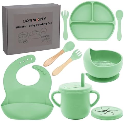 100% Silicone baby feeding set,BPA free Baby dishes set with Suction Bowl Divided Plate,Toddler Self Feeding Dish Set with Spoons Forks Sippy Cup And Bib, Baby Eating Utensils (Neon Green) by Dormlony