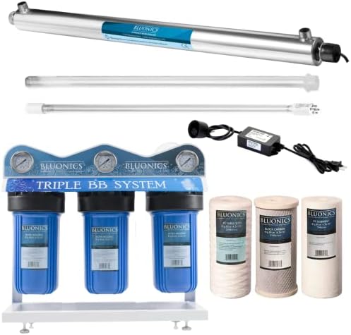 55W UV Ultraviolet Light Plus Sediment & Carbon Well Water Filter Purifier System with 3/4" Ports, 12 GPM UV with Bluonics Water Filter Housing System Size 4.5" x 10" Filters by BLUONICS