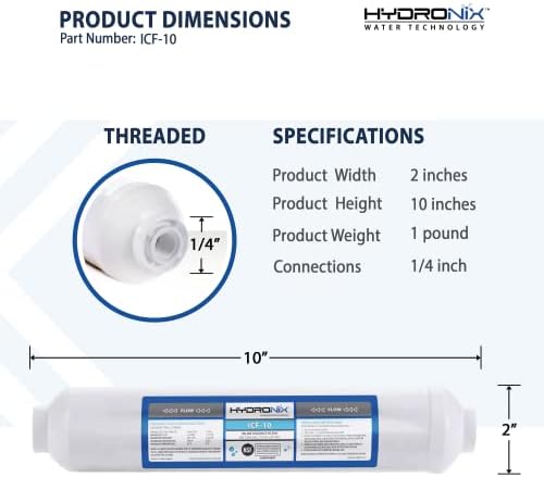 Hydronix ICF-10 Inline Post Activated Carbon Water Filter Replacement Cartridge with 1/4-Inch NPT for Refrigerator, Ice Maker, RO Reverse Osmosis System, 2000 Gallons - 1 Year Capacity (3 Pack) - Image 2