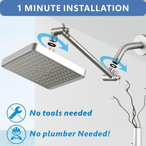 Voolan Rain Shower Head with 11" Extension Arm - High Pressure Rainfall Showerhead - Luxury Modern Look - Comfortable Shower Experience Even at Low Water Flow (Square, Brushed Nickel) - Image 5